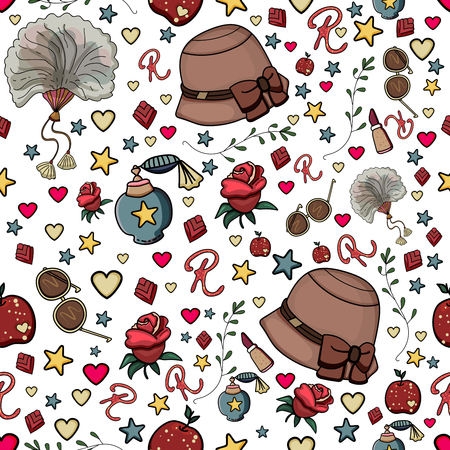 Beautiful template with vintage pattern accessories for decoration design. Vector art illustration. Retro textile collection. Element decorative floral rose and set feather, lipstick, heart, hat, fan, perfume. Fashion style seamless background.のイラスト素材