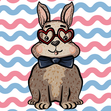 Cute cartoon lovely rabbit with glasses heart and bow tie. The sweet feeling of love. Striped background with alternating pink and blue wavy stripes. - Vectorのイラスト素材