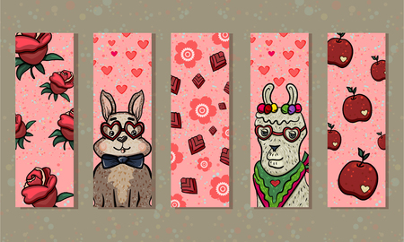 Cartoon bookmarks kawaii baby rabbit and llama. Rose, apple and hearts motif. Set of 5 pink bookmarks for printing. Background with splashesのイラスト素材