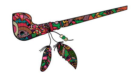 Calumet of the world with feathers with patterns of zen art and doodle. Colorful smoking pipe of Indians and Apaches. - Vectorのイラスト素材