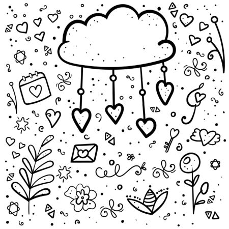 Summer. Coloring page. Black and white vector illustration. Heart, letter, flower, cloud. - Vector.のイラスト素材