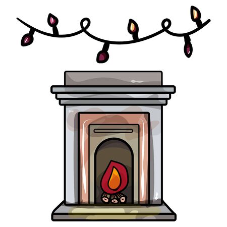Classic stone fireplace. The element of the interior living room. Decoration garland with lights. Vector illustration.のイラスト素材