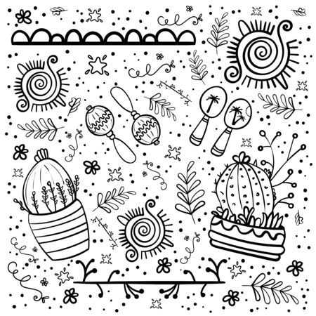 Mexican Party Elements. Collection objects for Cinco de Mayo. Doodle elements. - Vector.のイラスト素材