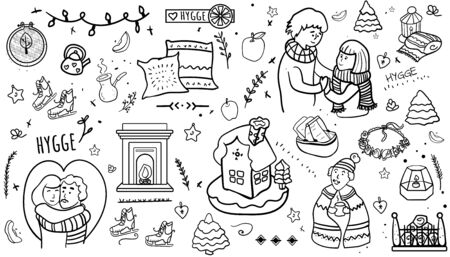 Vector Cozy Home. Set of hygge attributes. Big Set Of Hygge Elements In Scandinavian Style - Vector.のイラスト素材
