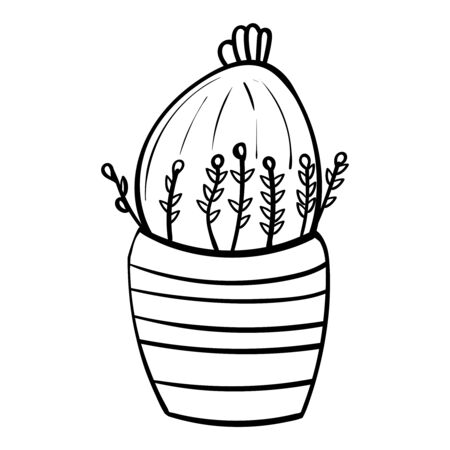 Cactus in a striped flower pot. Botanical illustration for coloring. Coloring for children and adultsのイラスト素材