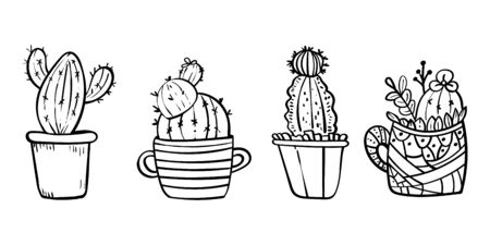 Cacti blooming with spikes. Coloring page for children and adults. - Vector. Vector illustrationのイラスト素材