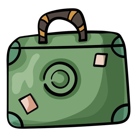 Green suitcase with a label for travel. Doodle picture of a suitcase on a transparent background. Cartoon clip art accessory for travelers. Vector illustration. Vectorのイラスト素材