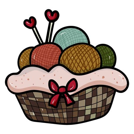 Basket with balls and knitting needles. Doodle illustration. Handmade. Symbol of celebration and comfort. Cozy Home. - Vector. Vector illustrationのイラスト素材