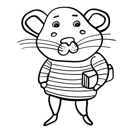 Rat or mouse in a vest with a book under his arm. Coloring page adult and kids. Symbol of the New Year 2020. Cartoon style, vector. - Vector. Vector illustrationのイラスト素材