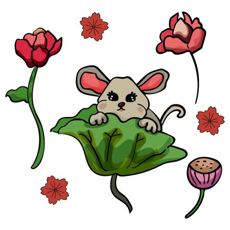 Chinese mouse and lily flowers. Doodle illustration. Symbol of the New Year 2020. - Vector. Vector illustrationのイラスト素材