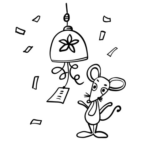 Mouse or rat ringing the bell, good Luck, Prosperity, Health. The rat in the Chinese style. Coloring page adult and kids. Symbol of the New Year 2020. - Vector. Vector illustrationのイラスト素材