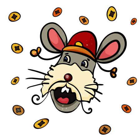Astrological mouse with coins. Doodle illustration. Symbol of the New Year 2020. - Vector. Vector illustrationのイラスト素材