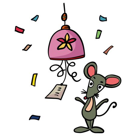 Mouse or rat ringing the bell, good Luck, Prosperity, Health. Doodle illustration. Symbol of the New Year 2020. - Vector. Vector illustrationのイラスト素材