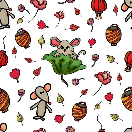 Traditional Chinese mice or rats, Lunar New Year, 2020. Big set with rodents. Repeat ornament. Illustration vector.のイラスト素材