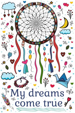 Ethnic boho set Dream Catcher. My dreams come true. Bed time story. 14 february. Collection of scrap elements for design. Cartoon vector Doodle illustrationのイラスト素材