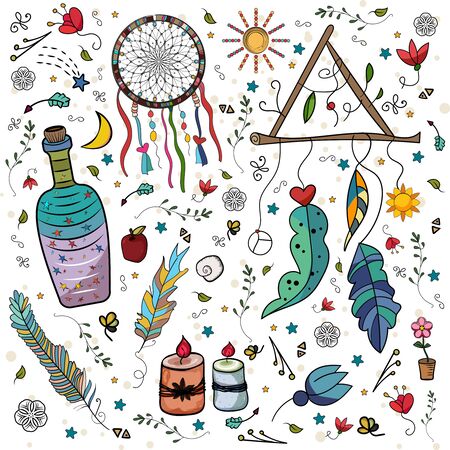 Creative hand drawn Dream and ethnic elements. Set of ornaments, feathers and beads. Native American Indian. Moon and sun. Day and night. Occultism and the sacrament.のイラスト素材