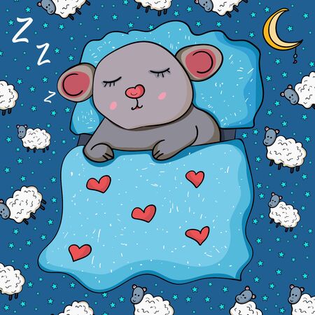 The Mouse or Rat is sleeping, Doodle, Sheep Pattern. Birthday, Valentine's Day, Baby shower. Vector illustration on color backgrounds.のイラスト素材