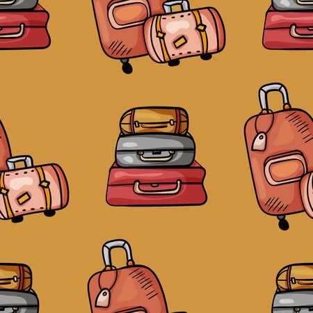 Personal accessories for travel and tourism. Background with suitcases. Vector doodle style illustration.のイラスト素材