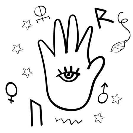 Vector illustration of open hand Mysticism. Vector illustration, illustration isolated. Coloring page, Coloring book.のイラスト素材