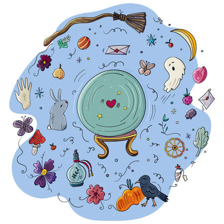 Ball for predictions, black Raven and ghosts. Mystical plot. Halloween illustration. Vector doodle illustration on transparent or white backgrounds.のイラスト素材