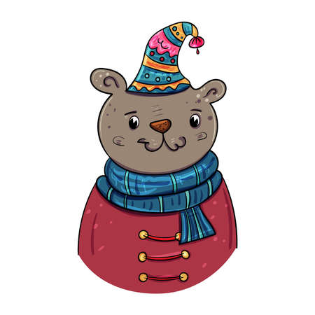 Bear in a hat and scarf. New Year and Christmas Vector. Vector illustration for children.のイラスト素材