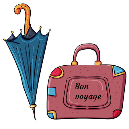 Vintage style. Umbrella and suitcase for travel. Vector illustration for children.のイラスト素材