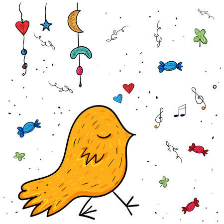 Festive illustration with a yellow chicken, lollipops. For Easter or Birthday, or Baby shower. Vector doodle illustration. Hand drawn vector illustration. Vector illustration for children.のイラスト素材