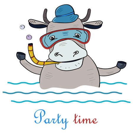 Cute Bull dives into the water. Party Time, Vector illustration for children.のイラスト素材