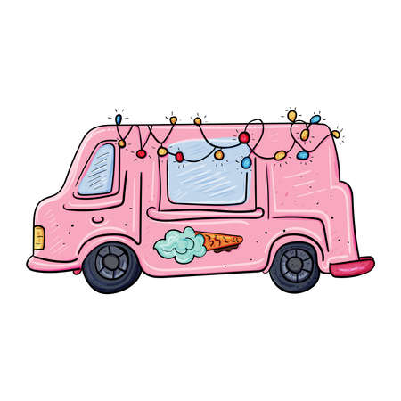 The bright pink Van or Truck with ice cream. The decorated transport a garland with bulbs. Vector clip art illustration.のイラスト素材