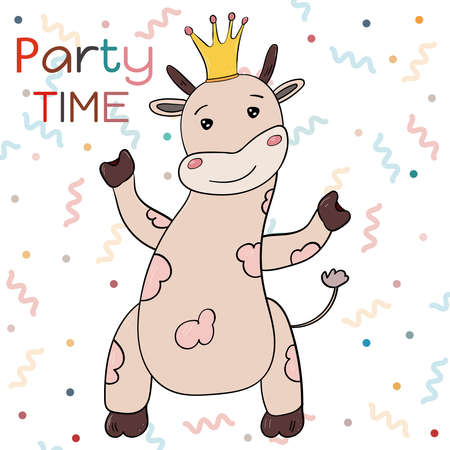Super Cute Cow or Bull in the crown, Chinese New Year Symbol 2021, Party Time Vector illustration for children.のイラスト素材