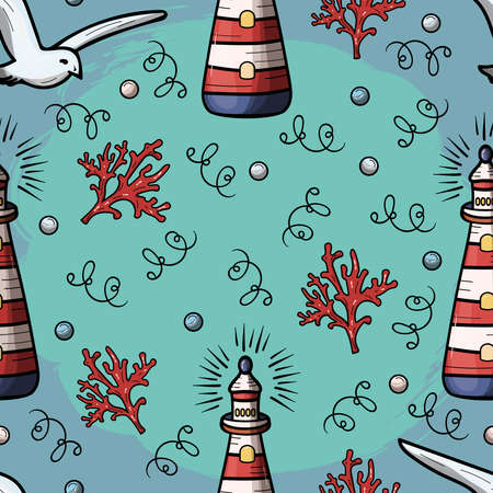 Backgrounds lighthouse and flying seagull patternのイラスト素材