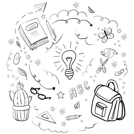 Collection of School Supplies for Teaching Cartoon Coloring Illustrationのイラスト素材