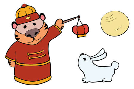 Tiger Chinese Zodiac and Rabbit with Full Moon Vectorのイラスト素材