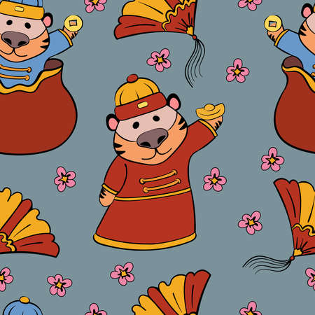 Seamless Pattern with Chinese Tiger, Fans and Cherry Blossom, Vector Art Illustrationのイラスト素材