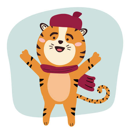 Cute Chinese Tiger, Joyful Animal jumps. Vector for print or Webのイラスト素材