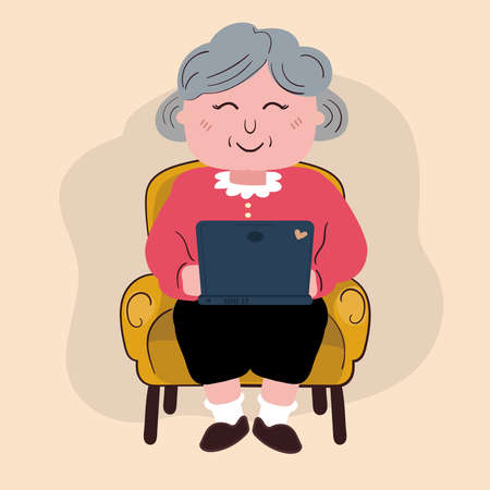 Cute Grandma with the computer laptop in flat styleのイラスト素材