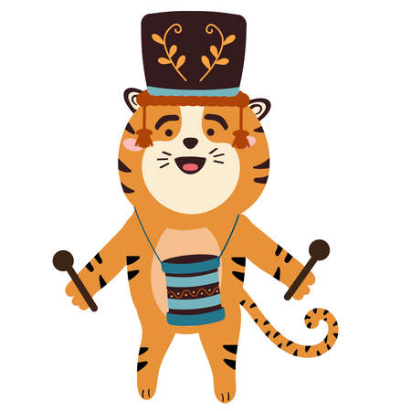 Tiger drummer holds drumsticks, Vector illustration isolatedのイラスト素材