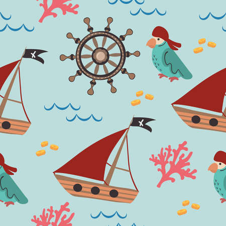 Marine Seamless Pattern Sea background with Ships and kerosene lamp, gold coins, coral, bird,のイラスト素材