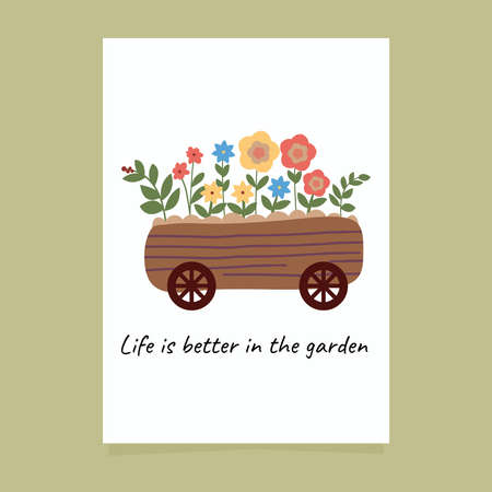 Garden trolley with flowers, illustration in cartoon styleのイラスト素材