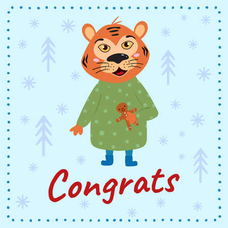 Illustration with the inscription Congratulations and a cartoon tiger for a childのイラスト素材
