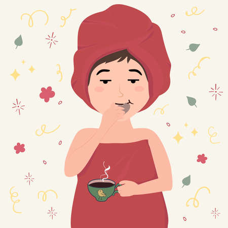 Girl in a towel after a bath. Wake up, bath, coffee and biscuits. Morning routine illustrationのイラスト素材