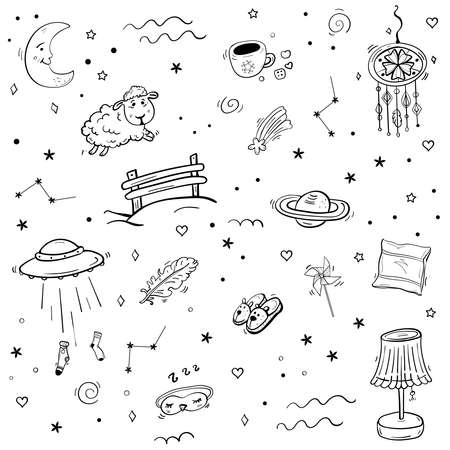 Space dream collection with planets, unidentified flying object, sleep accessories animal slippers, pillow and pajama. Time of sleep and relax, Coloring Bundle Cozy setのイラスト素材