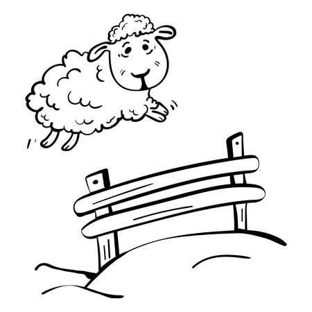 Cute cartoon sheep jumping over fence. Counting sheep to fall asleep vector coloring illustrationのイラスト素材