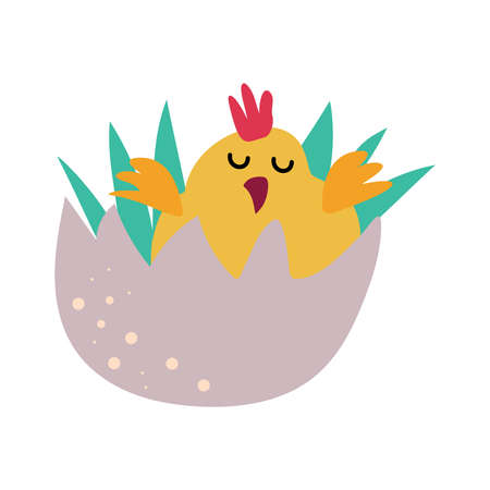 Chicken sits in a eggshell. Easter Bird Vector Illustration in cartoon flat and naive styleのイラスト素材