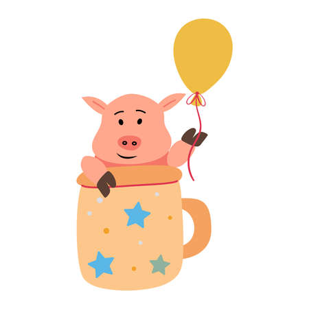 Pig holds a balloon. Farm animal sitting in a mug. Kids vector Illustration in cartoon flat and naive styleのイラスト素材