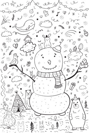 Cute snowman and magic animals in doodle styleのイラスト素材