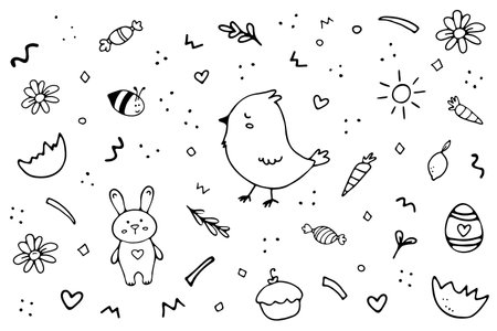 Cute Chicken and Rabbit. Vector doodle set with carrot, eggshell, candy, colored eggs. Illustration for coloringのイラスト素材
