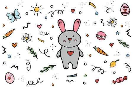 Cute bunny rabbit with heart. Vector doodle set with carrot, eggshell, candy, colored eggsのイラスト素材