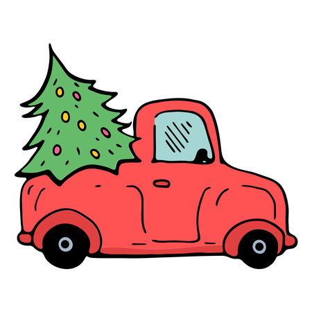 Colorful hand-drawn illustration of a vintage red truck carrying a decorated Christmas tree, in a playful doodle styleのイラスト素材