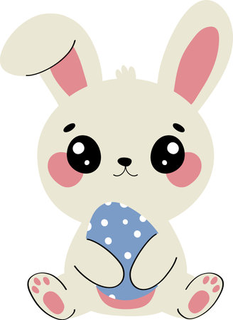 Adorable cartoon rabbit sitting with a blue polka dot Easter egg. Perfect for spring holiday designs and children's projects. Simple flat vector style with kawaii aesthetic, ideal for greeting cards and festive themesのイラスト素材